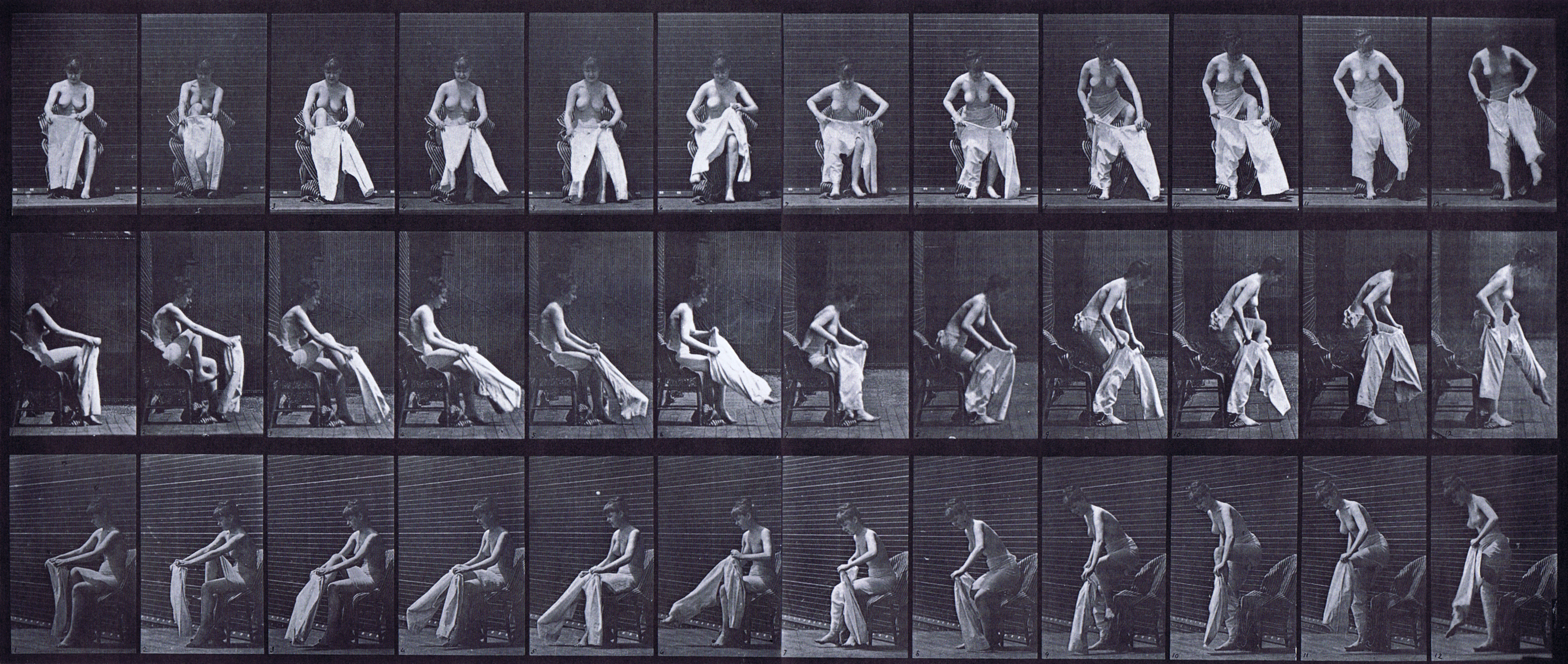 large front, profile, and front three-quarter views of semi nude female in slip sitting on chair and putting on clothes and standing animation reference using muybridge plate 420 from animal locomotion large front, profile, and front three-quarter views of semi nude female in slip sitting on chair and putting on clothes and standing animation reference using muybridge plate 420 from animal locomotion