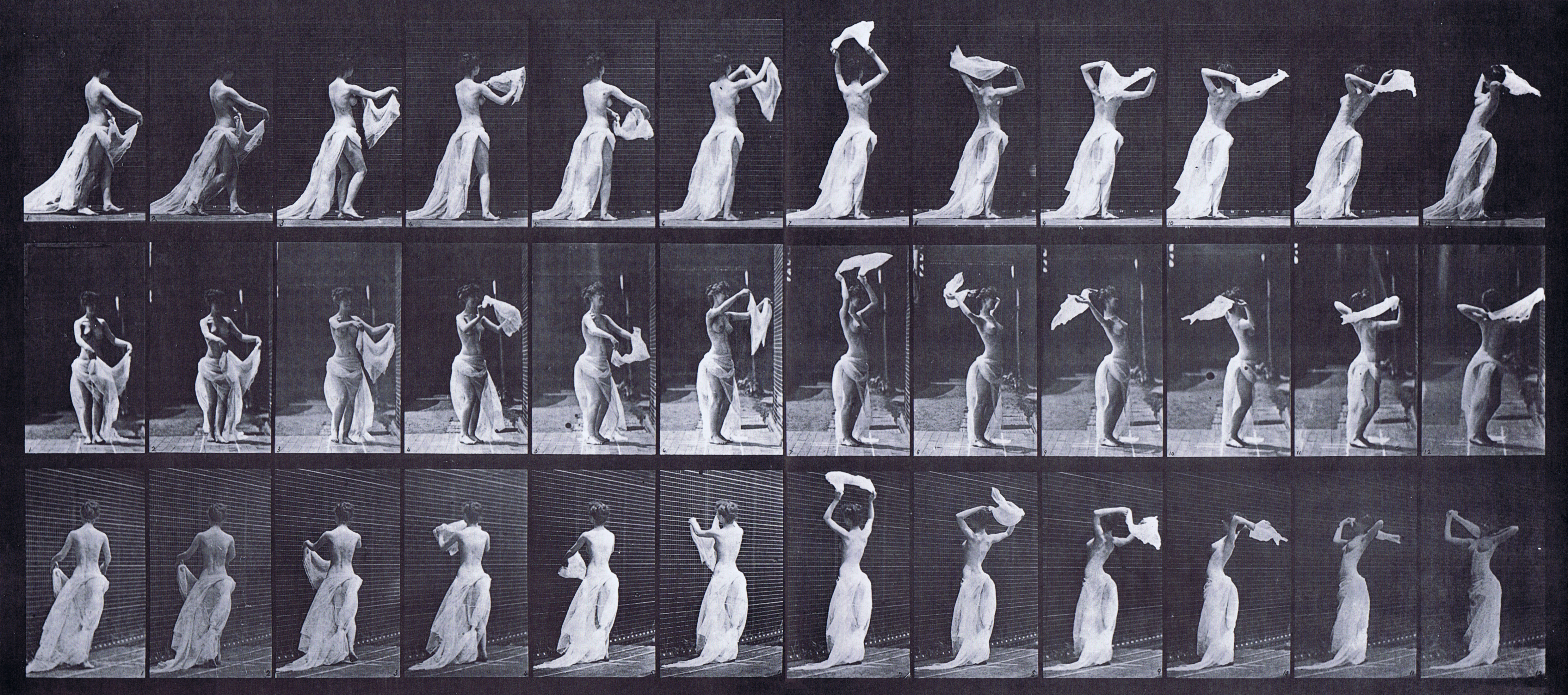 large profile, front, and rear three-quarter views of semi nude female in a cloth skirt throwing a handkerchief around her shoulders animation reference using muybridge plate 421 from animal locomotion large profile, front, and rear three-quarter views of semi nude female in a cloth skirt throwing a handkerchief around her shoulders animation reference using muybridge plate 421 from animal locomotion
