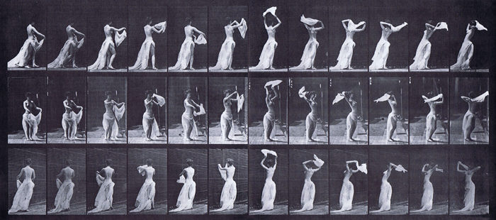 Profile, front, and rear three-quarter views of semi nude female in a cloth skirt throwing a handkerchief around her shoulders animation reference using muybridge plate 421 from animal locomotion