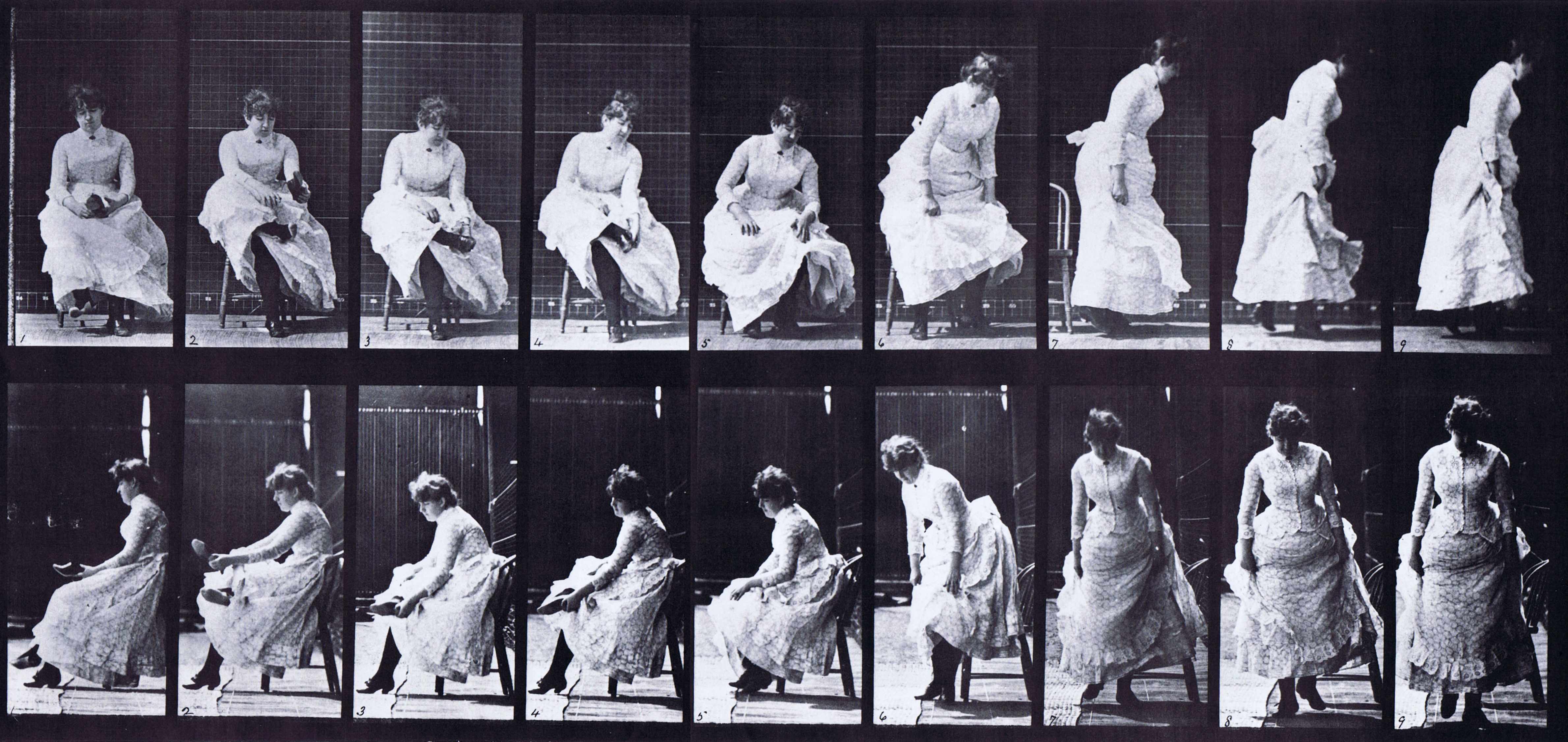 large front and profile views of clothed female putting on shoes then rising from a chair animation reference using muybridge plate 422 from animal locomotion large front and profile views of clothed female putting on shoes then rising from a chair animation reference using muybridge plate 422 from animal locomotion