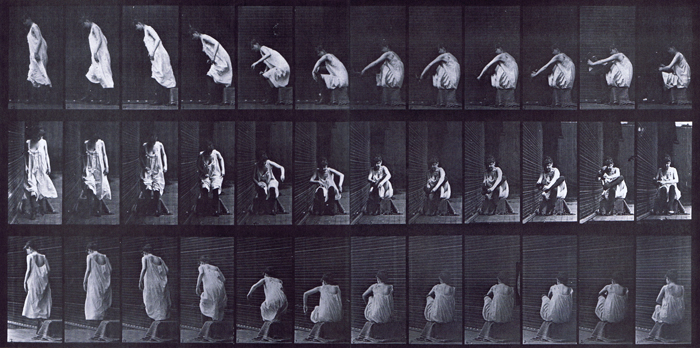 Profile, front, and rear three-quarter views of semi nude female in dress putting on bootsthen rising from a chair animation reference using muybridge plate 423 from animal locomotion
