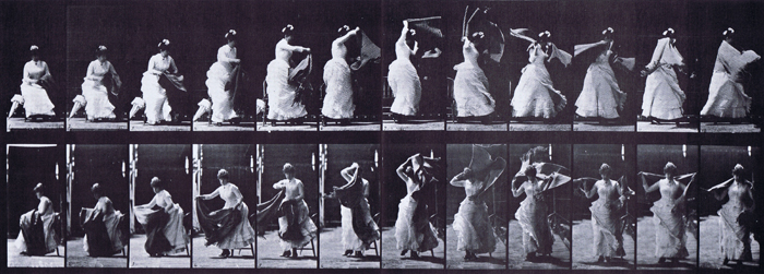 Profile and front views of a clothed female rising from a chair and putting on a shawl while walking animation reference using muybridge plate 424 from animal locomotion