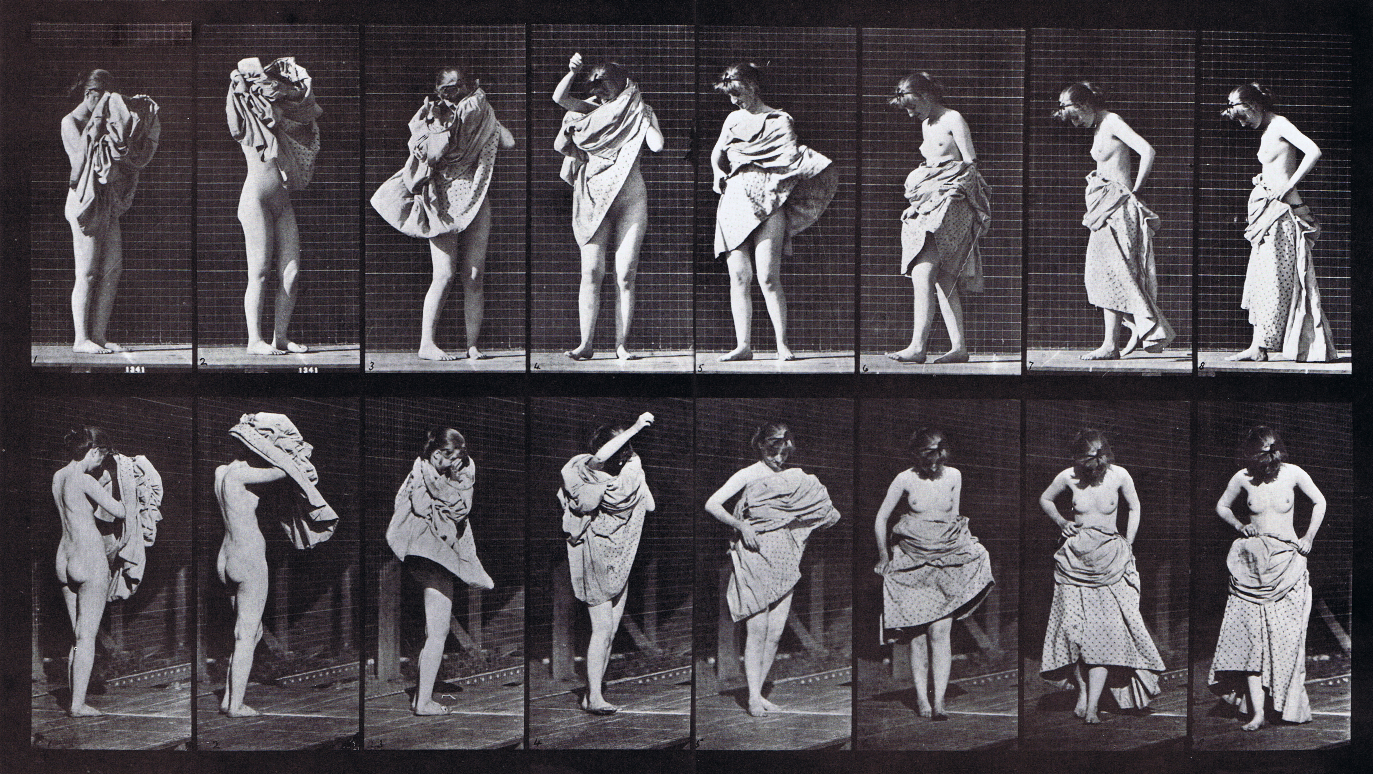 large profile and rear three-quarter views of nude female putting on a dress then turning around animation reference using muybridge plate 425 from animal locomotion large profile and rear three-quarter views of nude female putting on a dress then turning around animation reference using muybridge plate 425 from animal locomotion