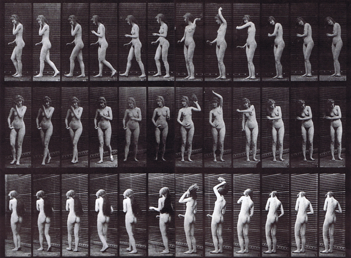 Profile, front three-quarter, and rear three-quarter views of nude female brushing hair and walking animation reference using muybridge plate 426 from animal locomotion