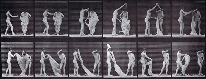 Profile view of two nude females, one disrobing the other animation reference using muybridge plate 427 from animal locomotion
