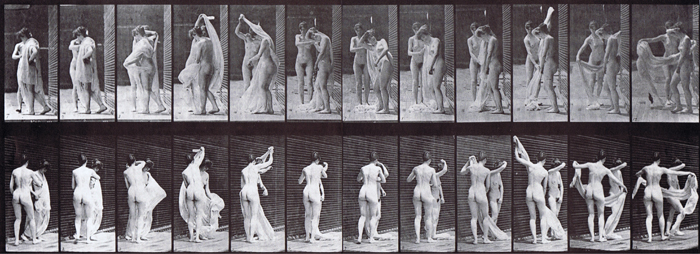 Front and rear three-quarter views of two nude females, one disrobing the other animation reference using muybridge plate 428 from animal locomotion