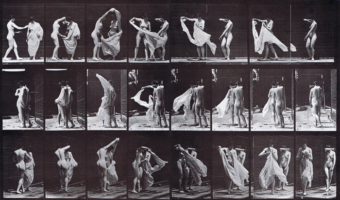 Front, profile, and rear three-quarter views of two nude females, one disrobing the other animation reference using muybridge plate 429  from animal locomotion