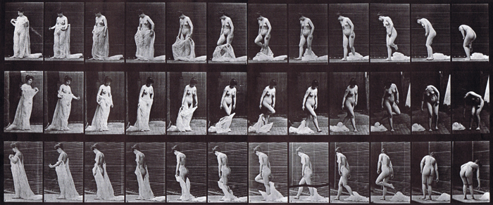 Front, profile, and rear three-quarter views of nude female taking off clothes animation reference using muybridge plate 430 from animal locomotion