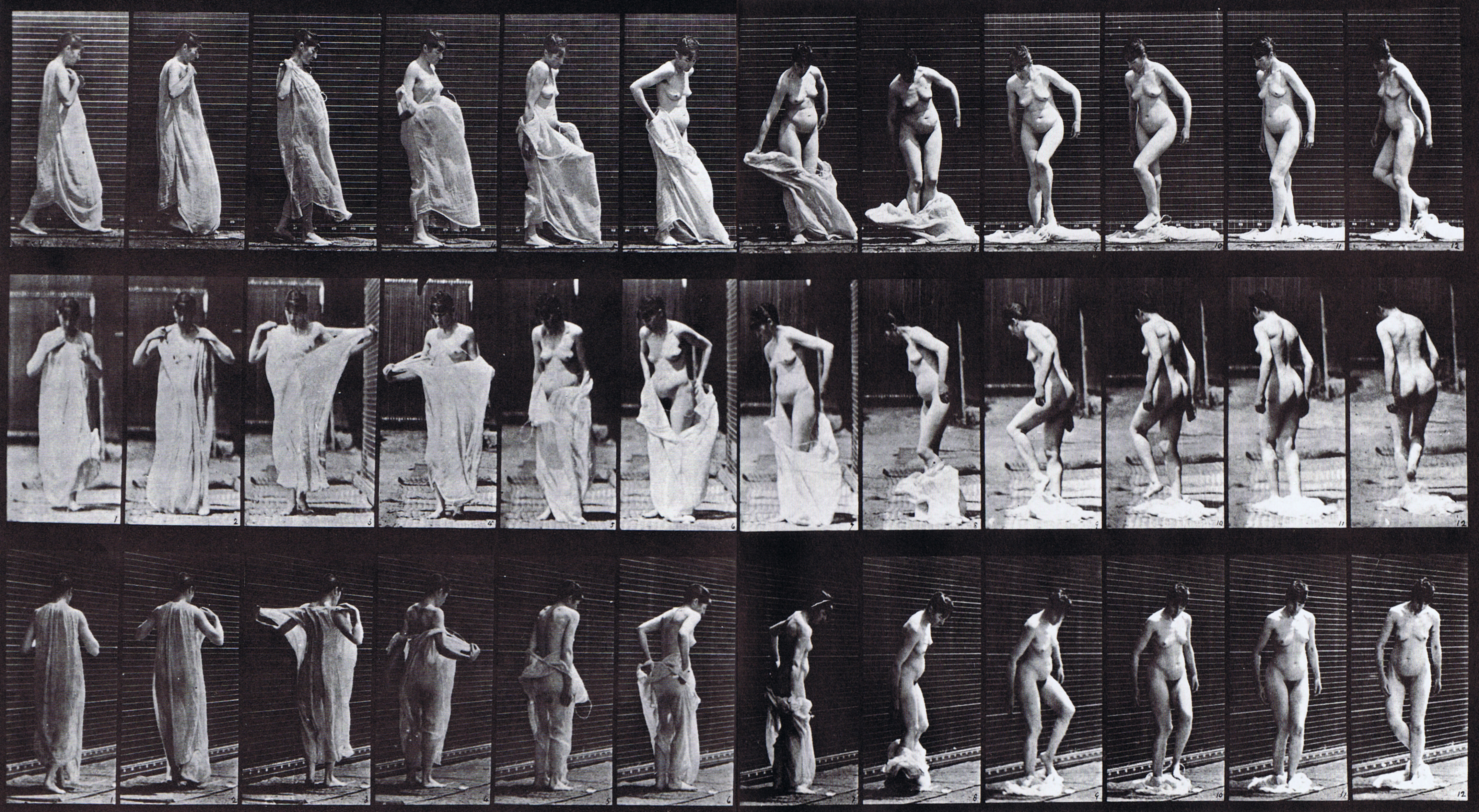 large profile, front, and rear three-quarter views of nude female taking off clothes animation reference using muybridge plate 431 from animal locomotion large profile, front, and rear three-quarter views of nude female taking off clothes animation reference using muybridge plate 431 from animal locomotion