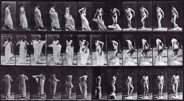 Profile, front, and rear three-quarter views of nude female taking off clothes animation reference using muybridge plate 431 from animal locomotion