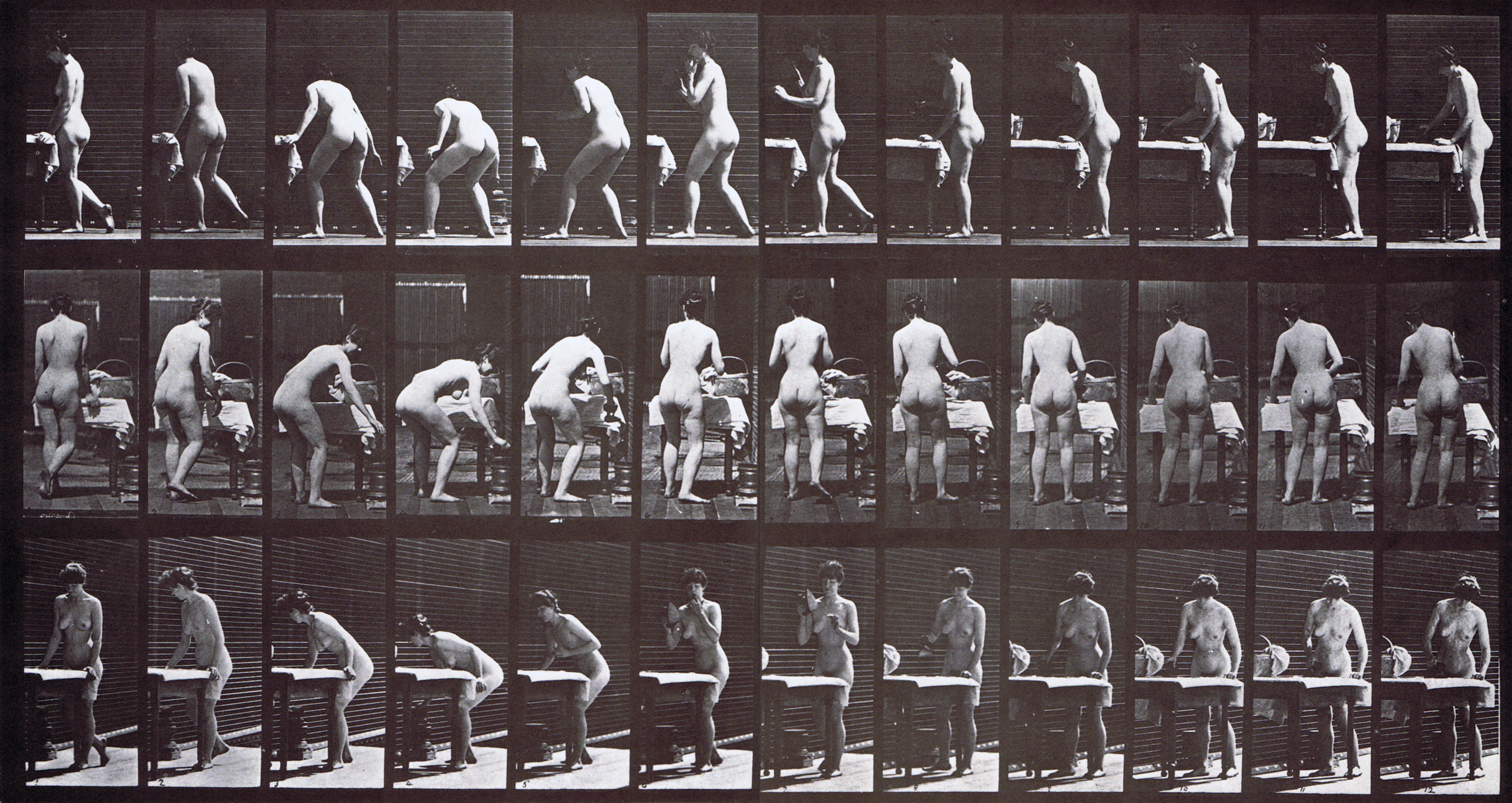 large profile, front, and rear three-quarter views of nude female putting clothes on a clothes line animation reference using muybridge plate 434 from animal locomotion
