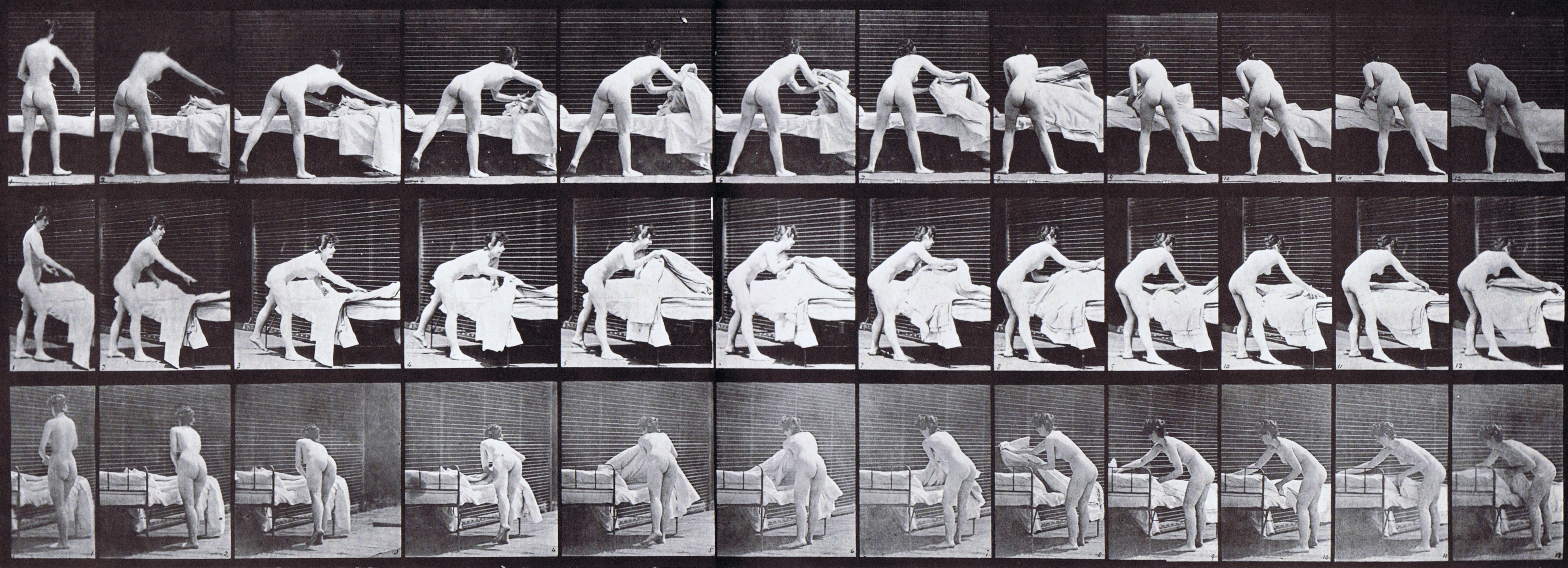 large rear, front three-quarter, and rear three-quarter views of nude female making a bed animation reference using muybridge plate 436 from animal locomotion