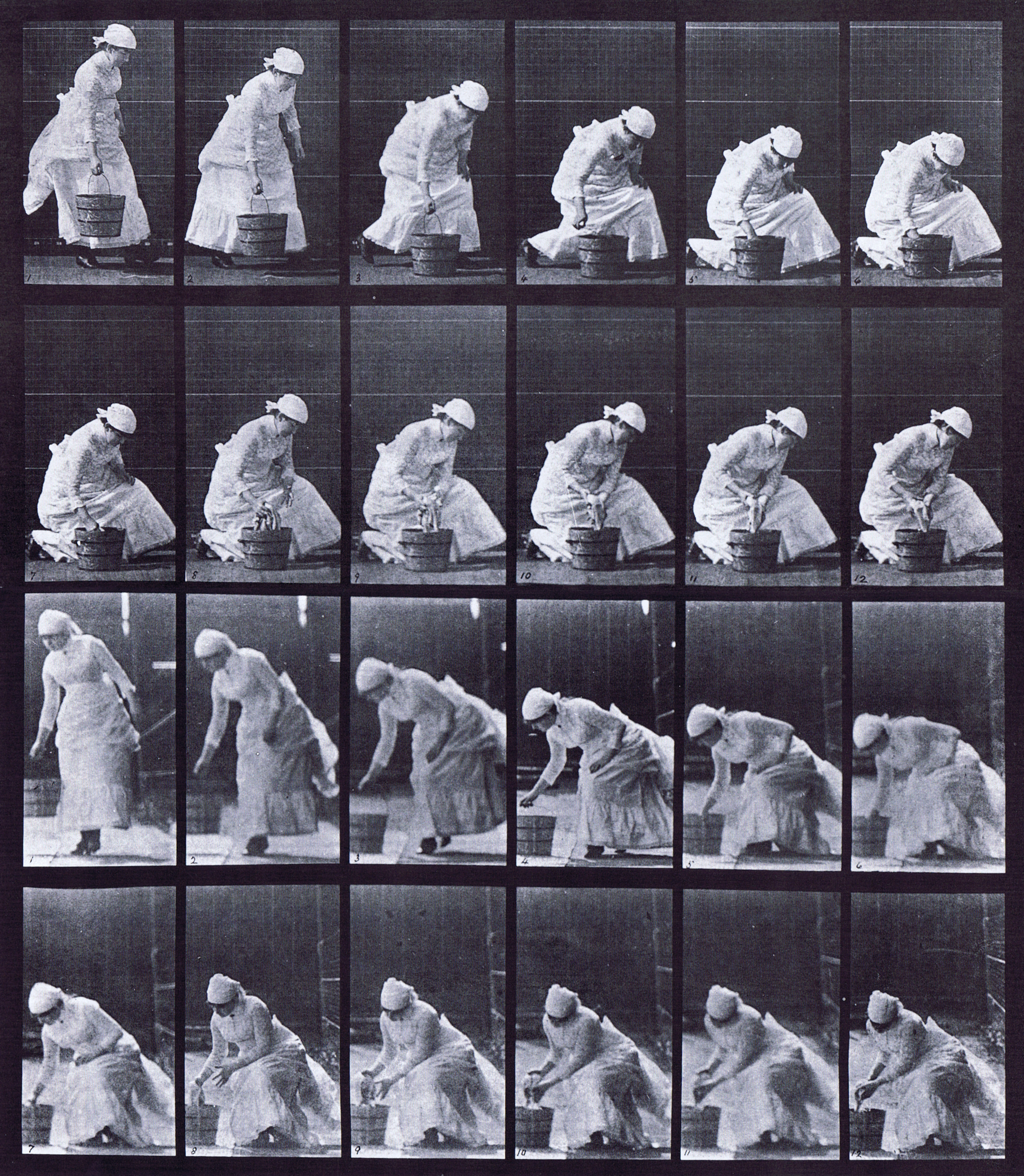 large profile and front views of a clothed female setting down a bucket and preparing to scrub the floor animation reference using muybridge plate 438 from animal locomotion