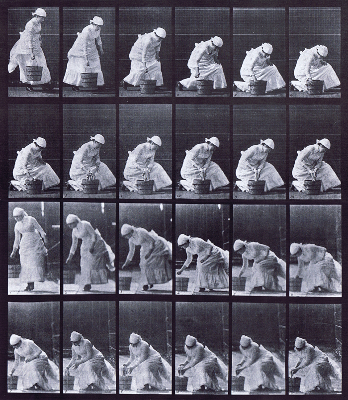 Profile and front views of a clothed female setting down a bucket and preparing to scrub the floor animation reference using muybridge plate 438 from animal locomotion