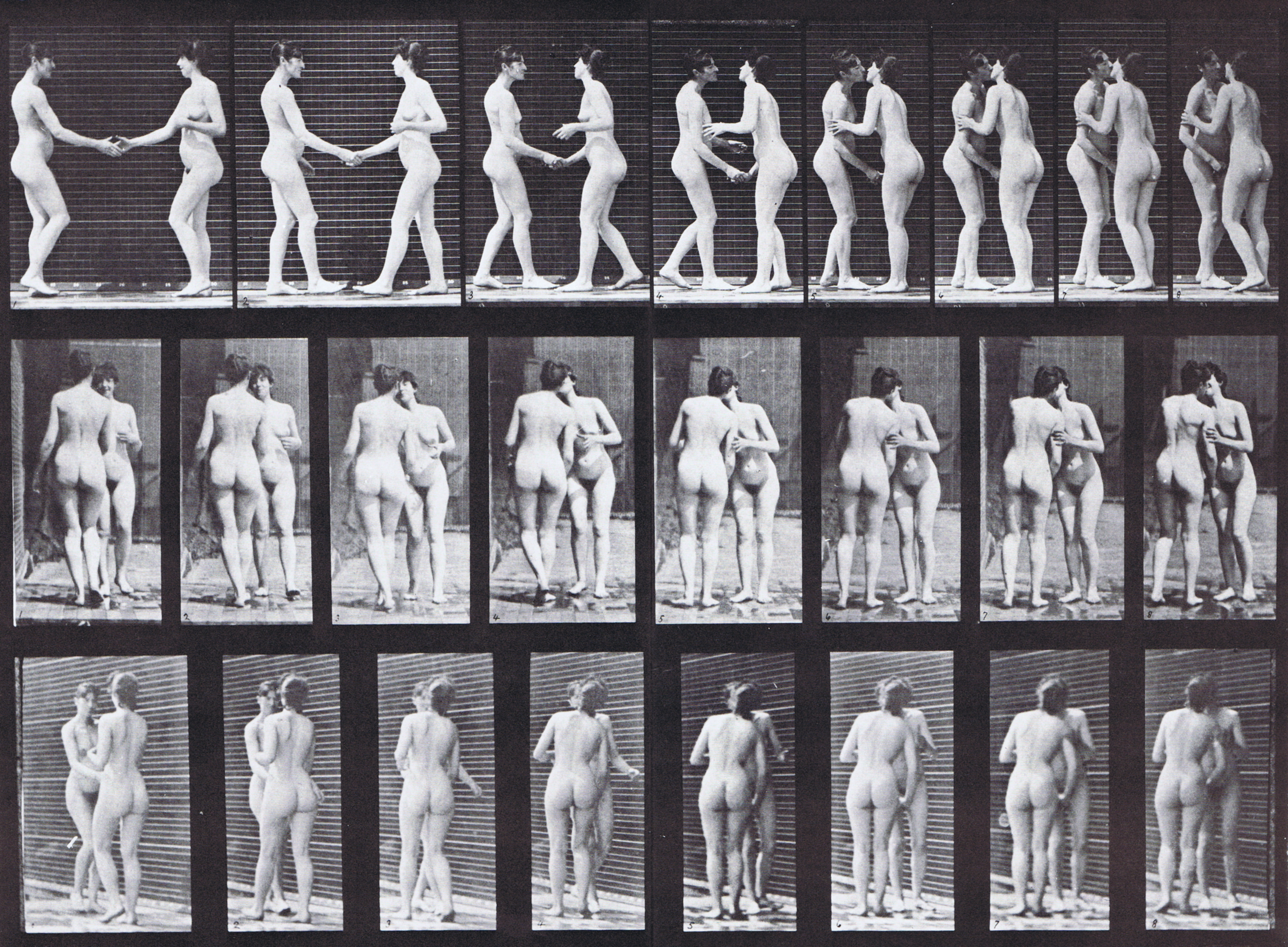 large profile, front, and rear views of two nude females shacking hands then kissing each other animation reference using muybridge plate 444 from animal locomotion