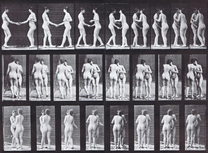 Profile, front, and rear views of two nude females shacking hands then kissing each other animation reference using muybridge plate 444 from animal locomotion