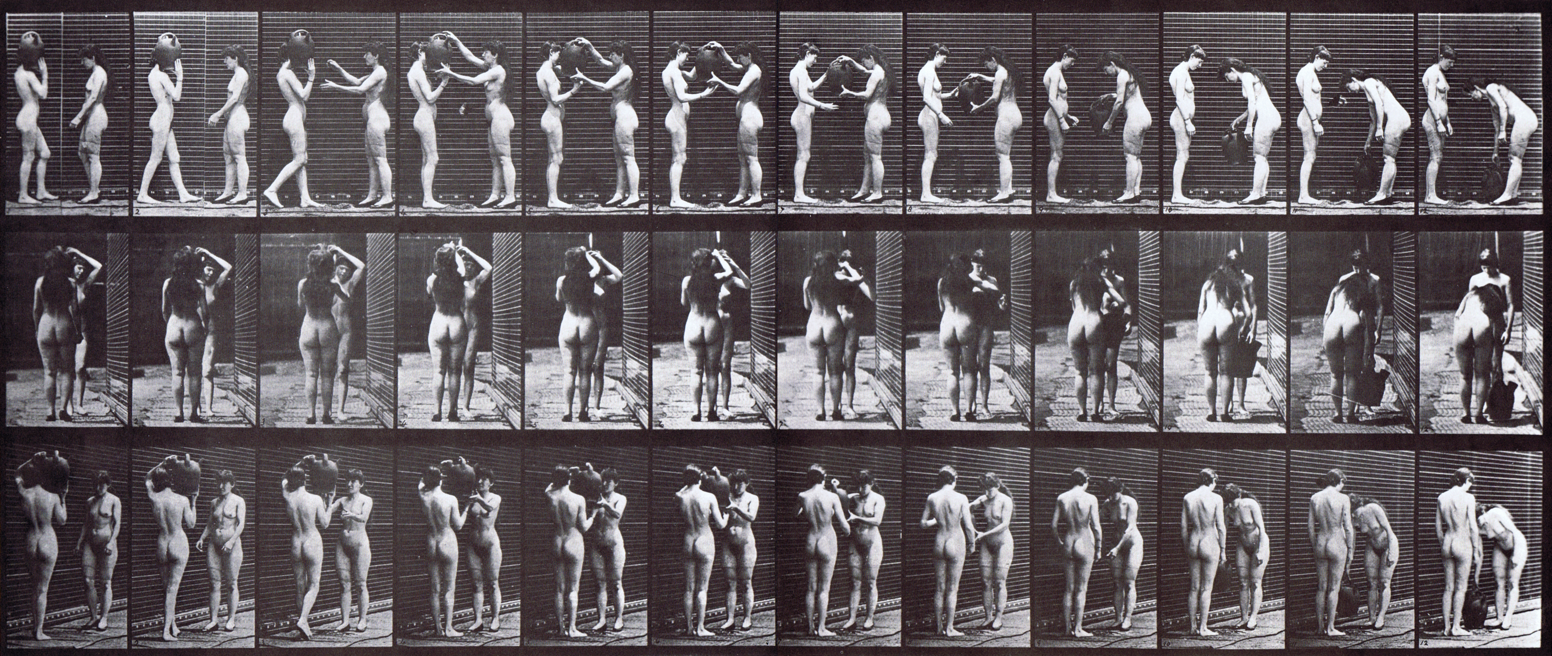large profile, rear, and front three-quarter views of two nude females, one taking a water jar from the shoulder of another woman animation reference using muybridge plate 447 from animal locomotion