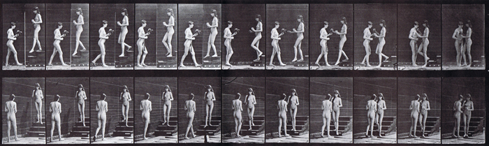 Profile and three-quarter views of two nude female, one descending the stairs with goblet, other girl with bouquet, meeting animation reference using muybridge plate 448 from animal locomotion