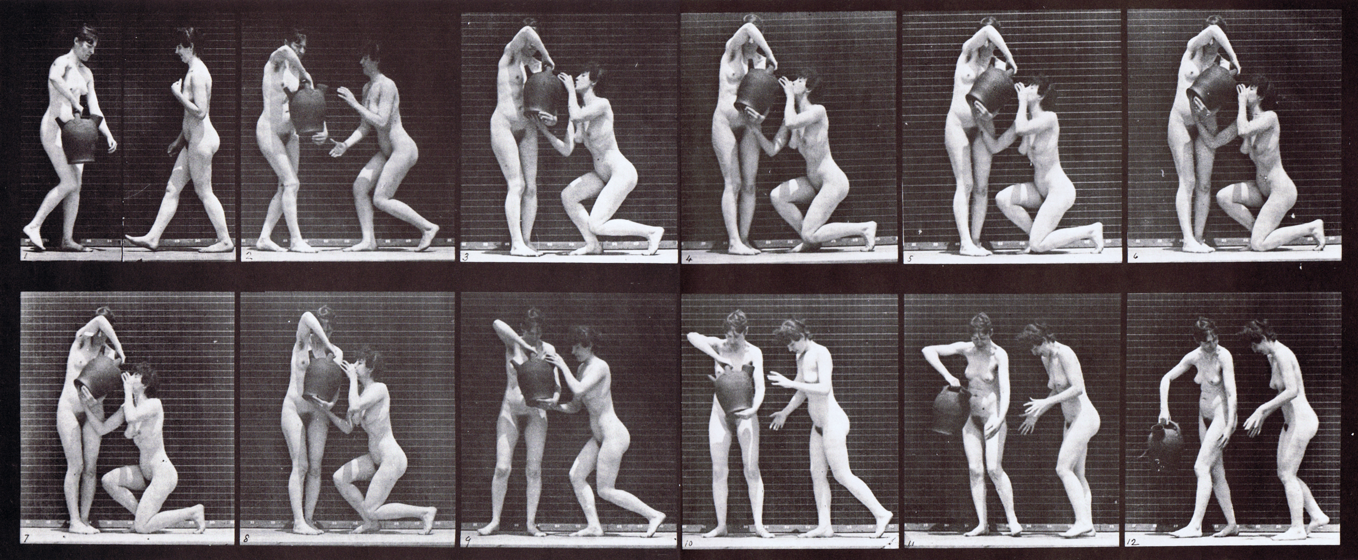 large profile view of two nude females, one kneels then drinks from the water jar of another woman animation reference using muybridge plate 452 from animal locomotion
