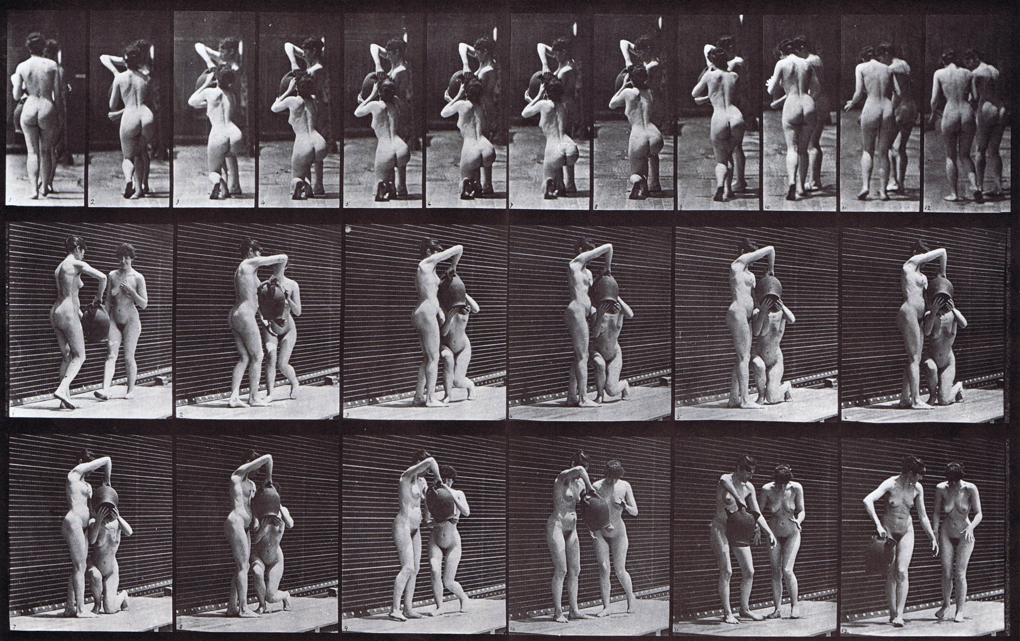 large rear and three-quarter views of two nude females, one kneels then drinks from the water jar of another woman animation reference using muybridge plate 453 from animal locomotion