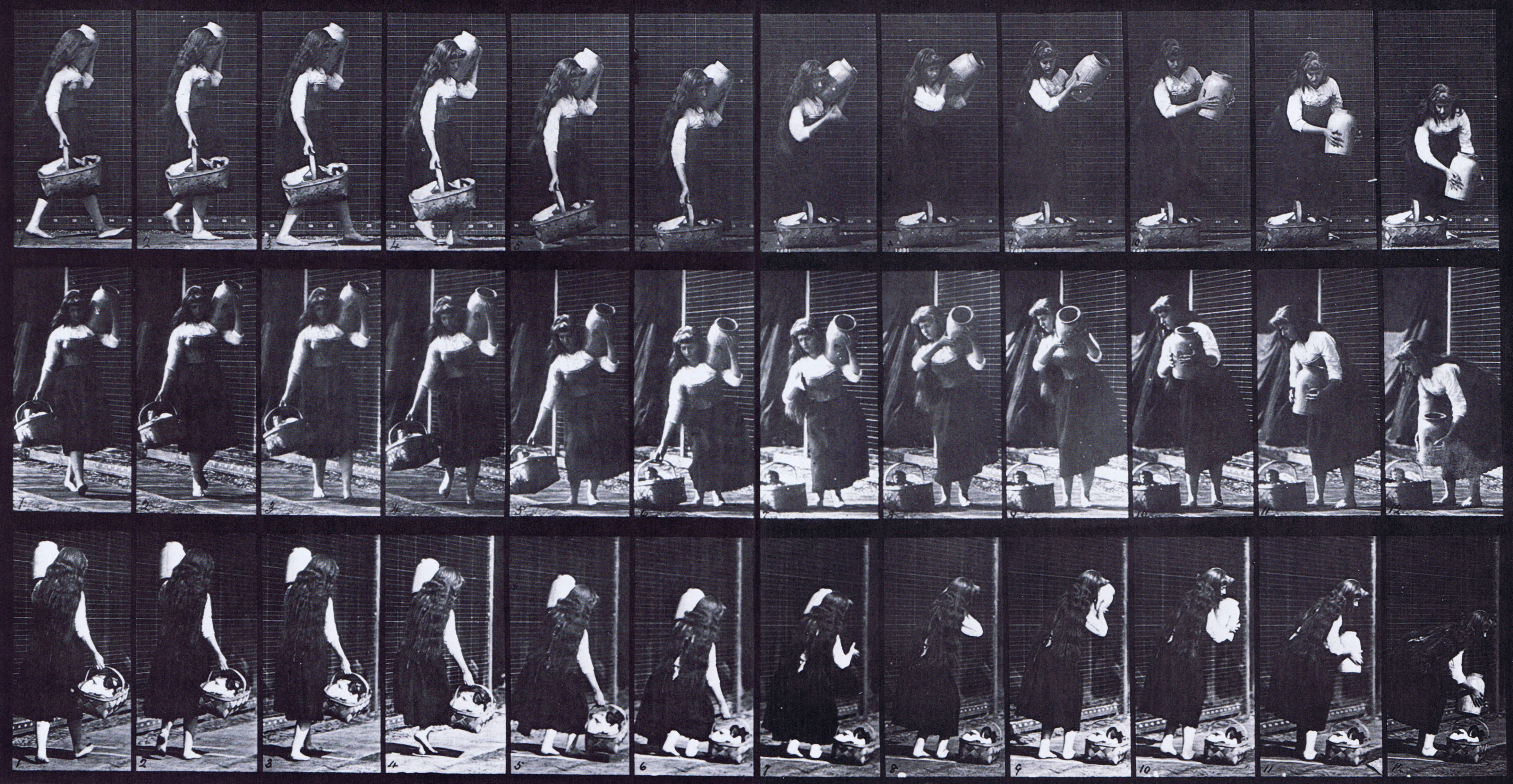 large profile, front three-quarter, and rear three-quarter views of clothed female walking carrying a jar on shoulder and basket in hand then placing them on the ground animation reference using muybridge plate 460 from animal locomotion