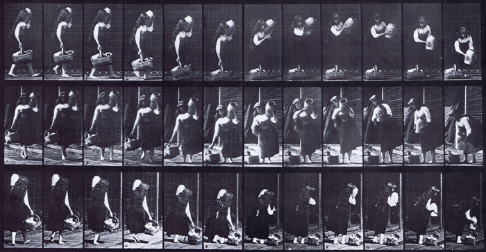 Profile, front three-quarter, and rear three-quarter views of clothed female walking carrying a jar on shoulder and basket in hand then placing them on the ground animation reference using muybridge plate 460 from animal locomotion