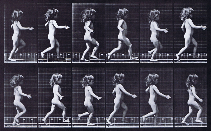 Profile view of nude female toddler child running animation refernece using muybridge plate 469 from animal locomotion