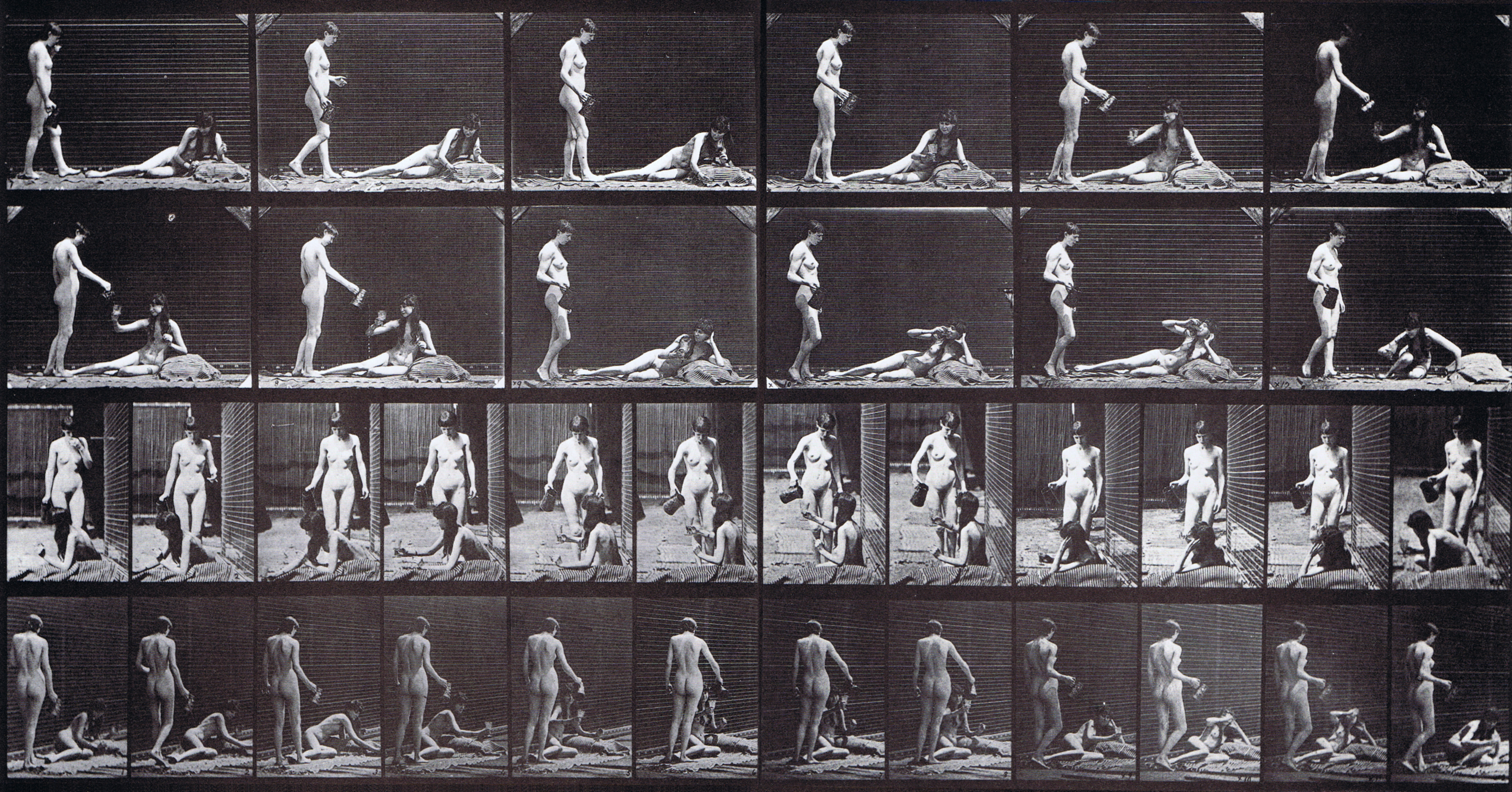 large profile, front, and three-quarter views of two nude females, one filling the goblet from a pitcher for the other, the other drinks animation reference using muybridge plate 485 from animal locomotion