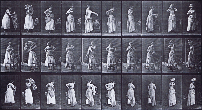 Profile, front three-quarter, and rear three-quarter views of clothed female getting dressed animation reference using muybridge plate 495 from animal locomotion