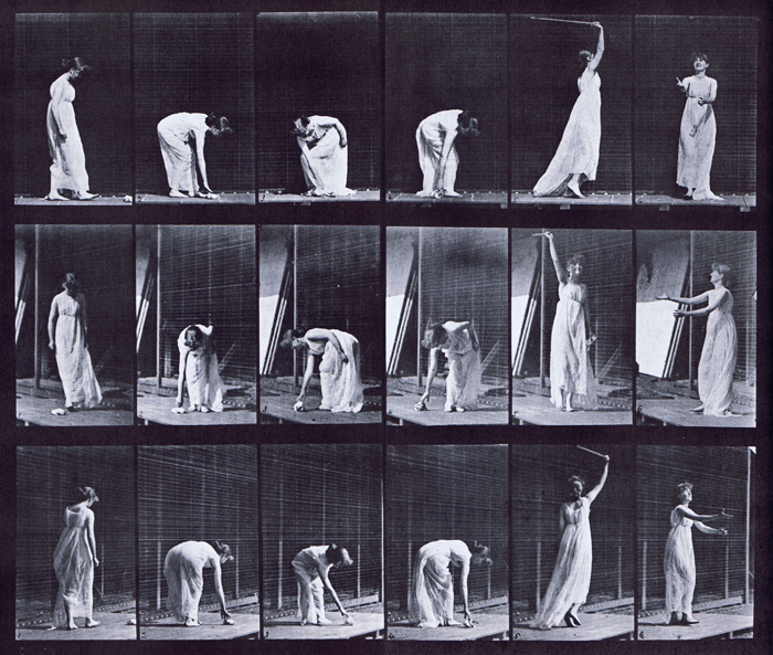 Profile, front three-quarter, and rear three-quarter views of semi nude female in dress preforming miscellaneous poses, stooping, etc animation reference using muybridge plate 503 from animal locomotion
