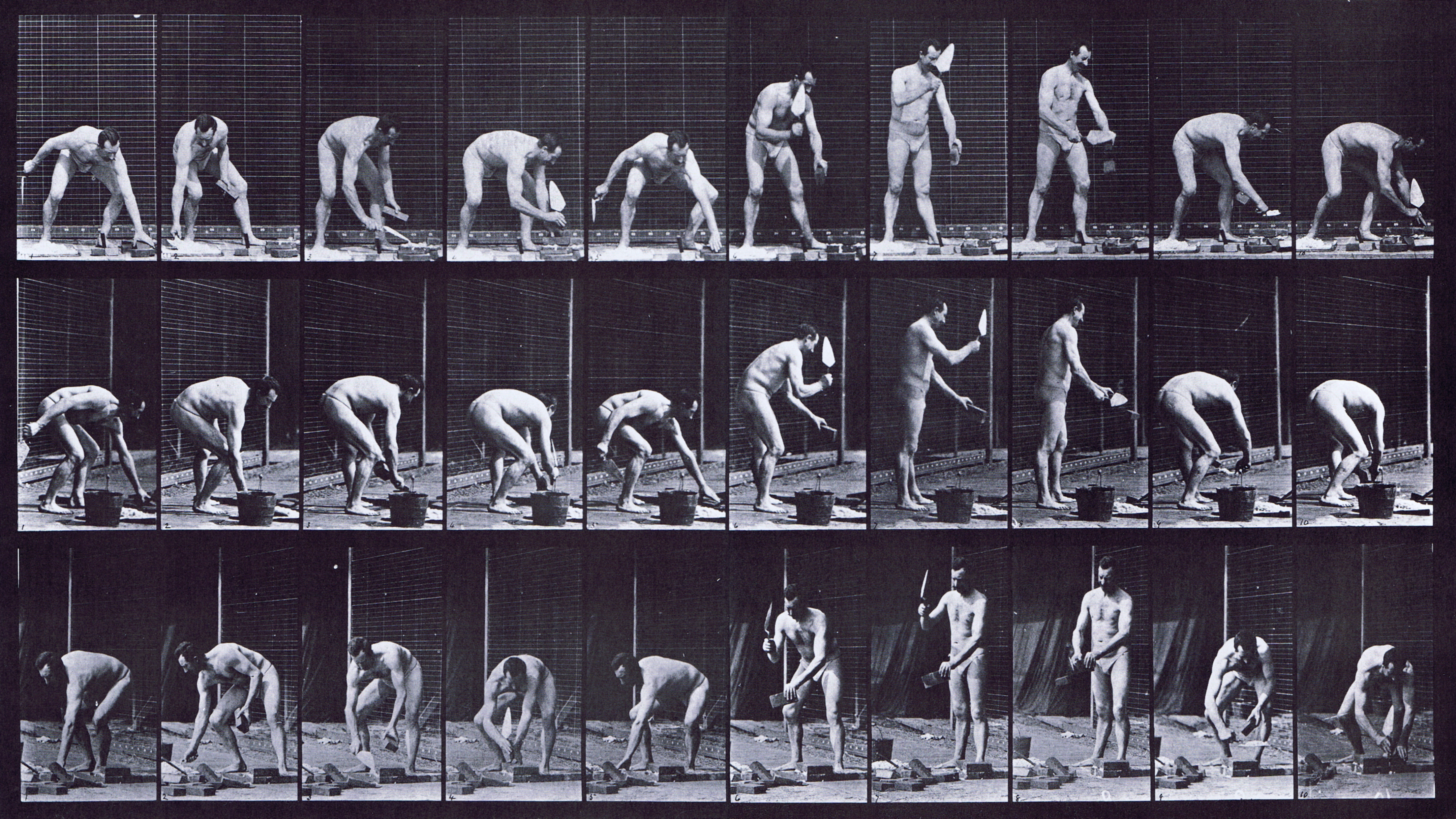 large profile, front three-quarter, rear three-quarter views of semi nude male in underwear, laying brick and mortor animation reference using muybridge plate 506 from animal locomotion