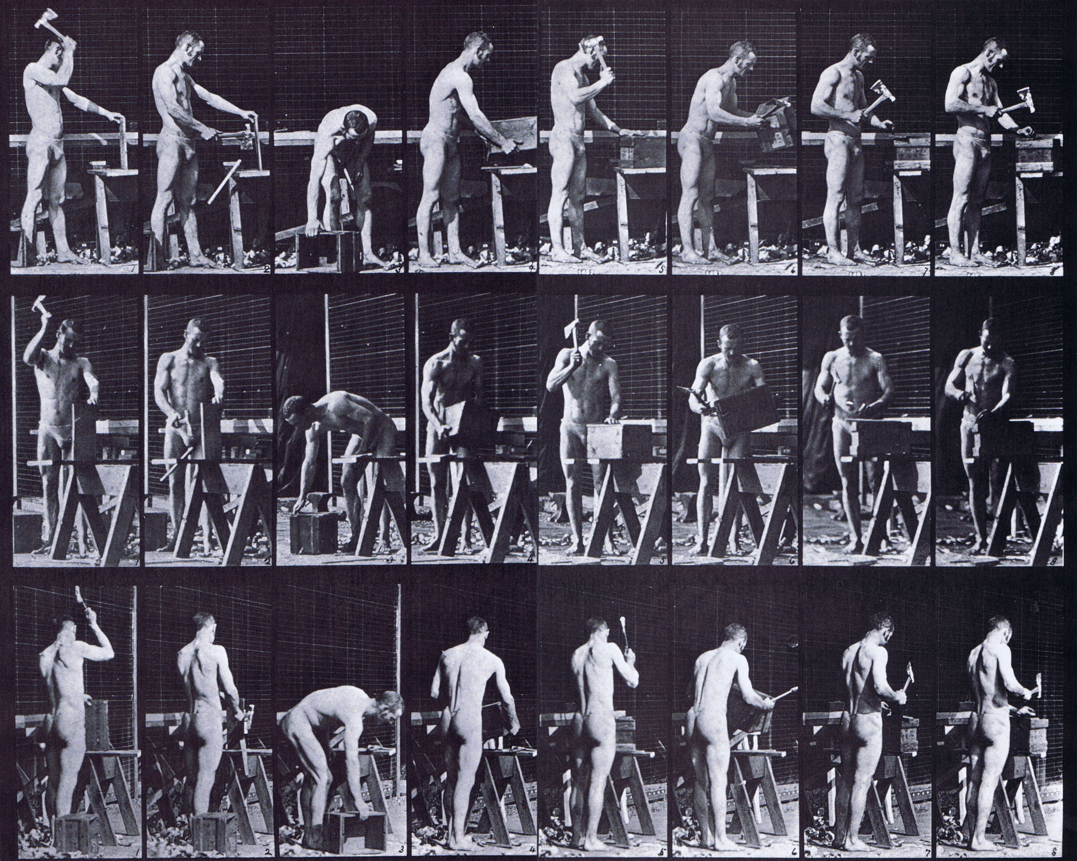 large profile, front three-quarter, and rear three-quarter views of a semi nude male splitting wood and hammering a wooden crate animation reference using muybridge plate 507 from animal locomotion