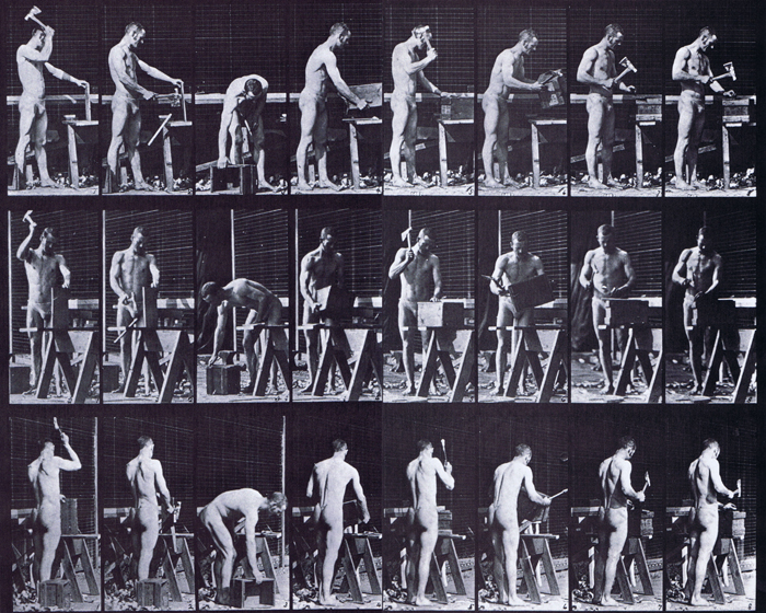 Profile, front three-quarter, and rear three-quarter views of a semi nude male splitting wood and hammering a wooden crate animation reference using muybridge plate 507 from animal locomotion