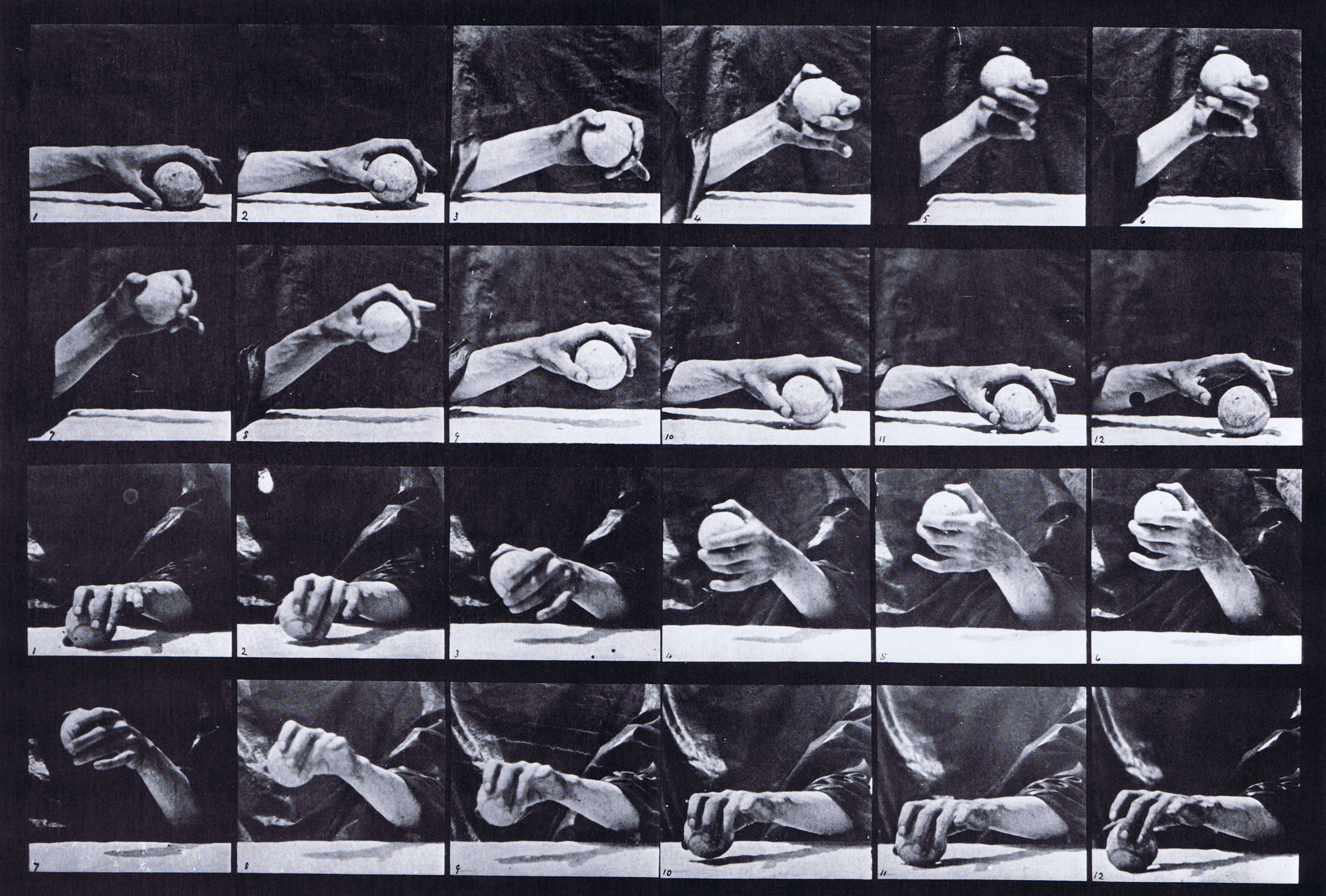 large profile and front views of close up movement of the hand lifting a ball animation reference using muybridge plate 534 from animal locomotion