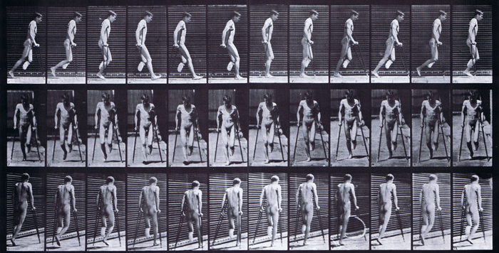 Profile, front, and rear three-quarter views of nude male amputee of left foot, hopping on crutches animation reference using muybridge plate 537 from animal locomotion