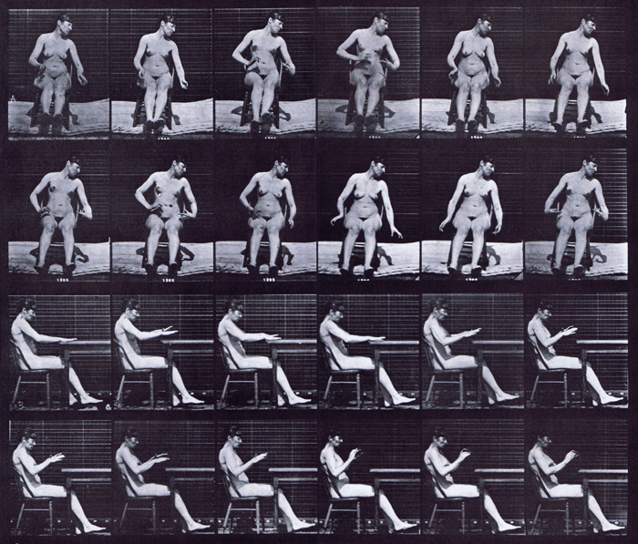 Front and profile views of nude female sitting and having artificially induced convulsions animation reference using muybridge plate 545 from animal locomotion