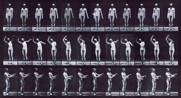 Front and profile views of nude male with local chorea standing animation reference using muybridge plate 557 from animal locomotion