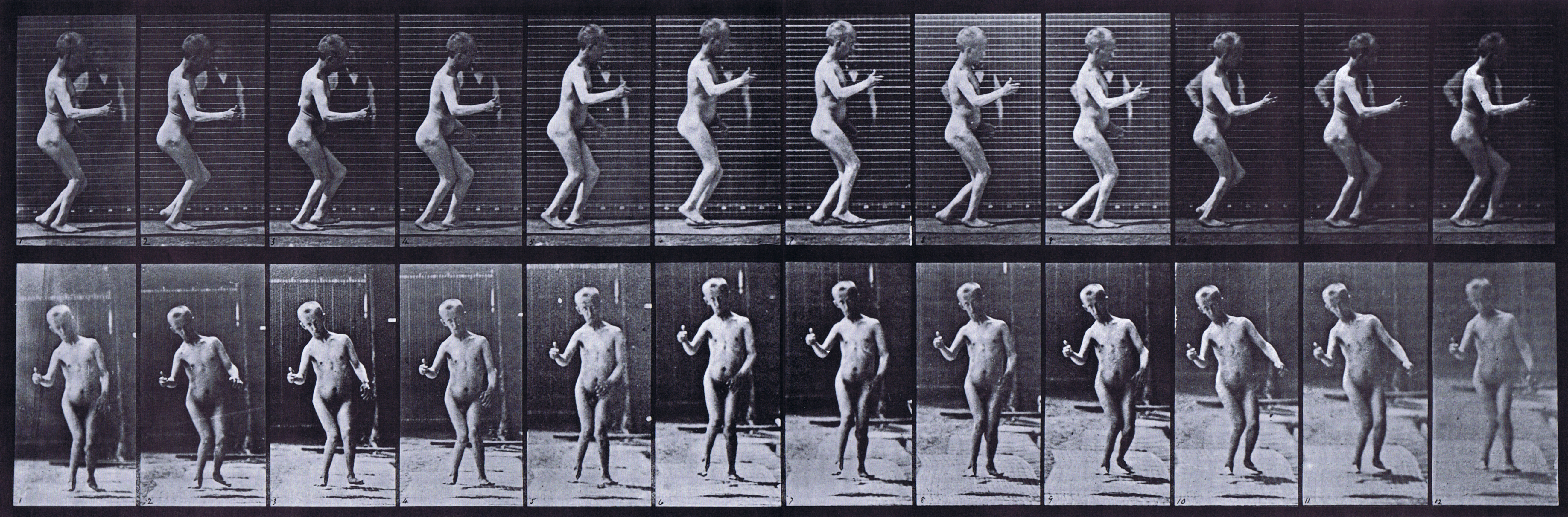 large profile and front views of nude male with hydrocephalus walking animation reference using muybridge plate 561 from animal locomotion