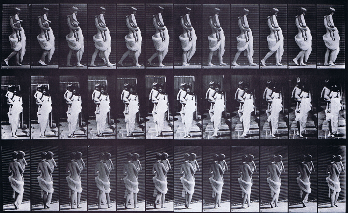 profile, front, and rear three quarter view of semi nude female drapped in cloth walking while carrying a nude child animation reference using muybridge plate 35 from animal locomotion