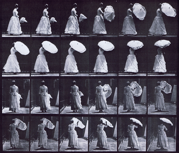 profile, and rear view of clothed female wearing dress walking and opening a parasol animation reference using muybridge plate 38 from animal locomotion