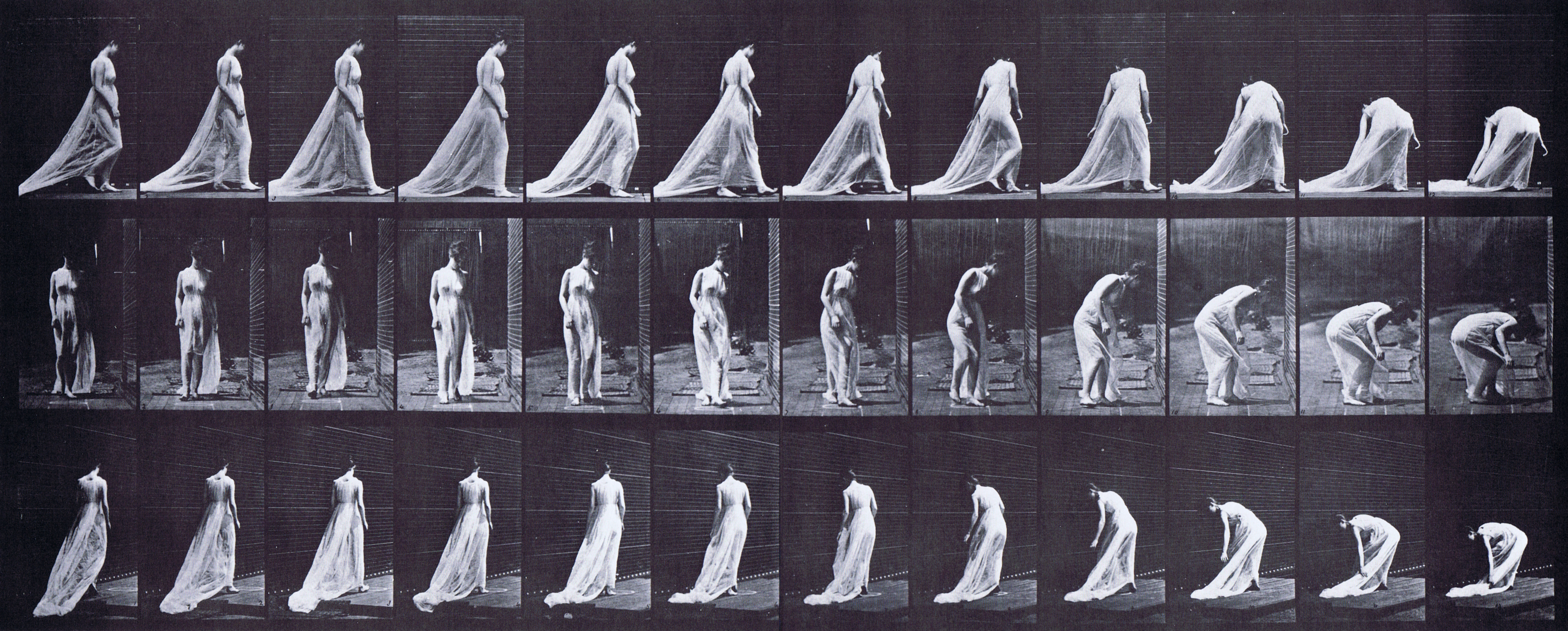 large profile, front, and rear three-quarter views of semi nude female in dress walking then turning and stooping to lift train animation reference using muybridge plate 56 from animal locomotion