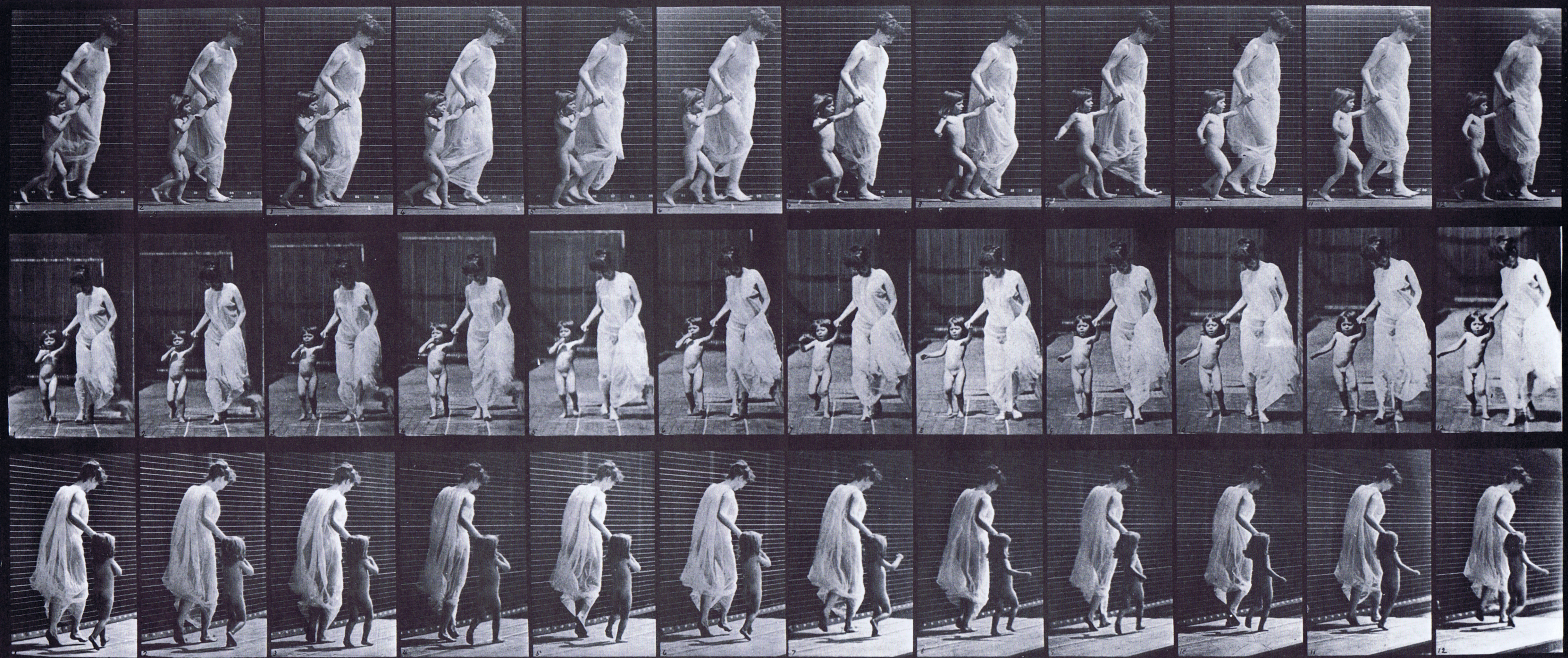 large profile, front, and rear three-quarter views of semi nude female in dress running, leading a nude child by the hand animation reference using muybridge plate 72 from animal locomotion