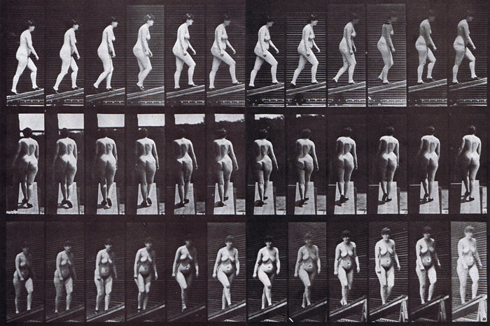 Profile, rear, and front three-quarter views of nude female ascending incline, looping walkcycle animation reference using muybridge plate 86 from animal locomotion