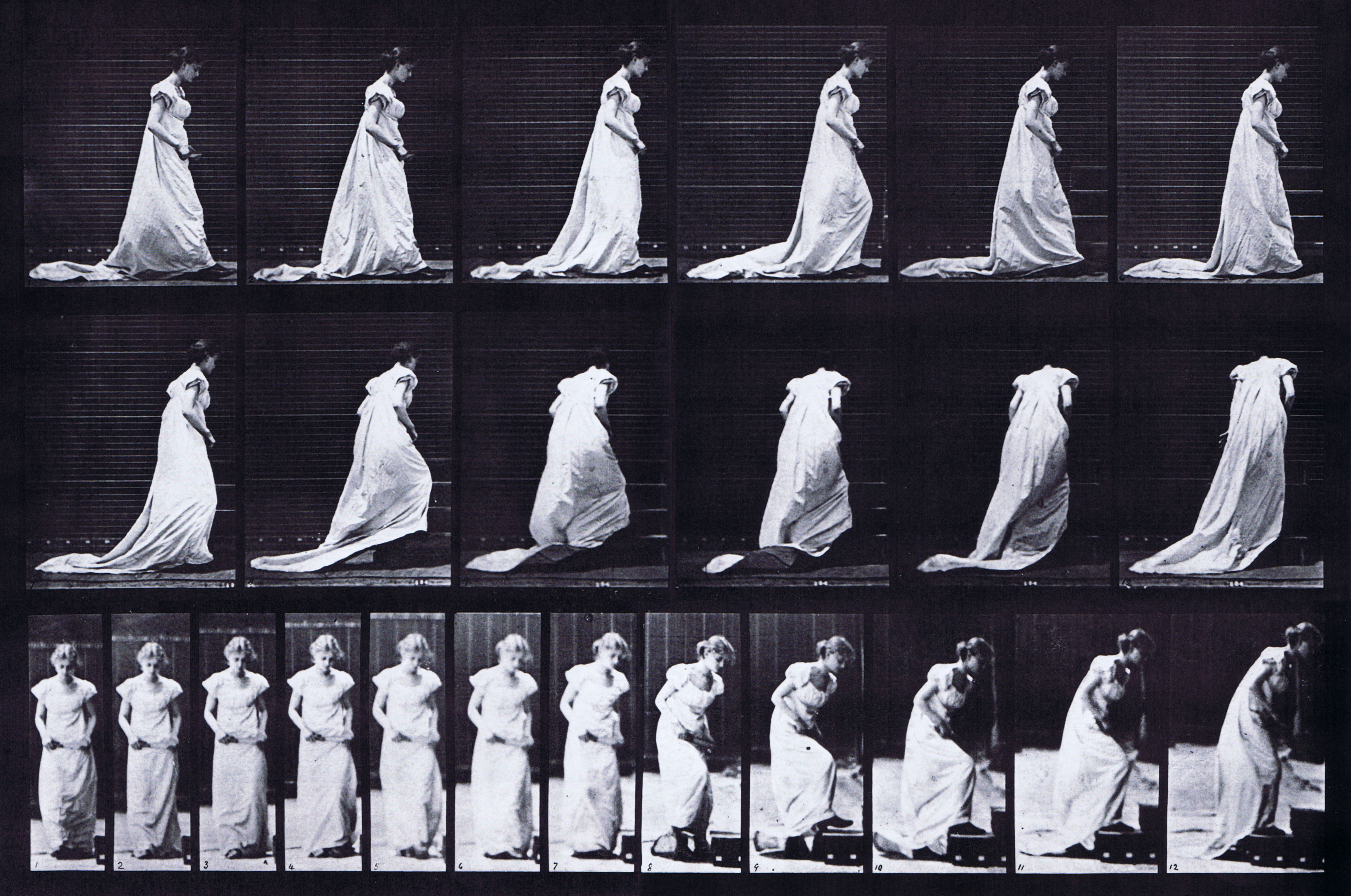 large profile and front views of clothed female in dress turning and ascending stairs animation reference using muybridge plate 100 from animal locomotion