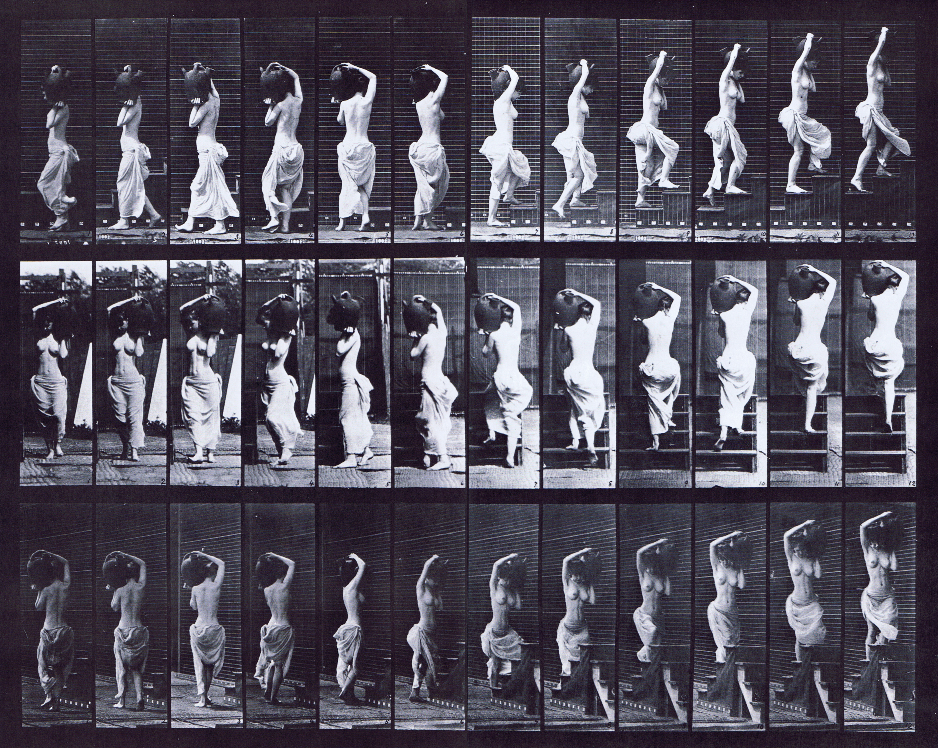 large profile, front, and rear three-quarter views of semi nude female in cloth dress walking turning and ascending stairs carrying a water jug on left shoulder animation reference using muybridge plate 105 from animal locomotion