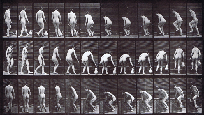 Profile, front three-quarter, and rear three-quarter views of nude female turning, stooping to pick up a pitcher and ascending stairs animation reference using muybridge plate 108 from animal locomotion