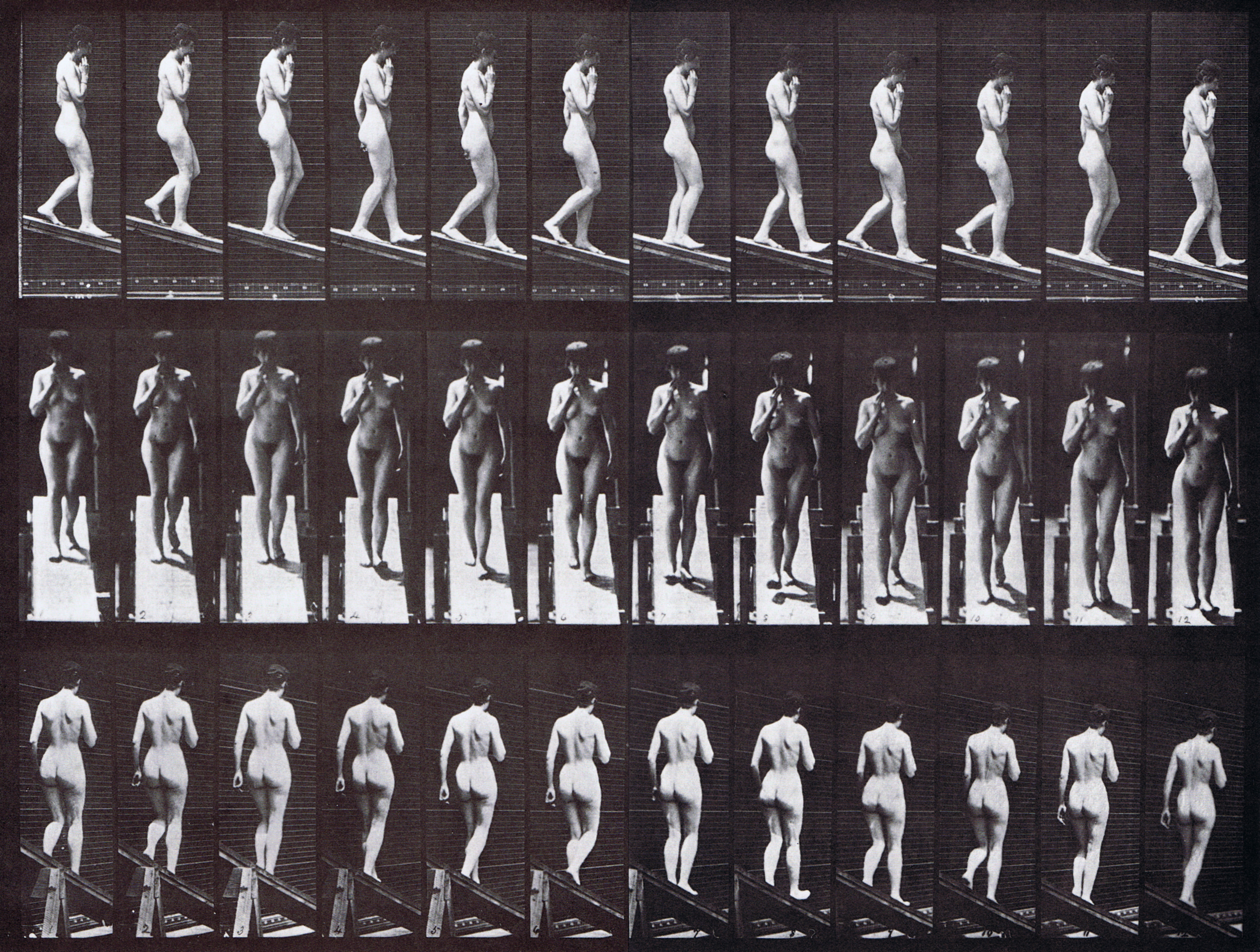 large profile, front, and rear three-quarter views of nude female descending an incline with right hand on chin animation reference using muybridge plate 116 from animal locomotion