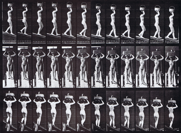 Profile, front, and rear three-quarter looping nude female descending incline with 20 pound basket on head with hands raised animation reference using muybridge plate 124 from animal locomotion