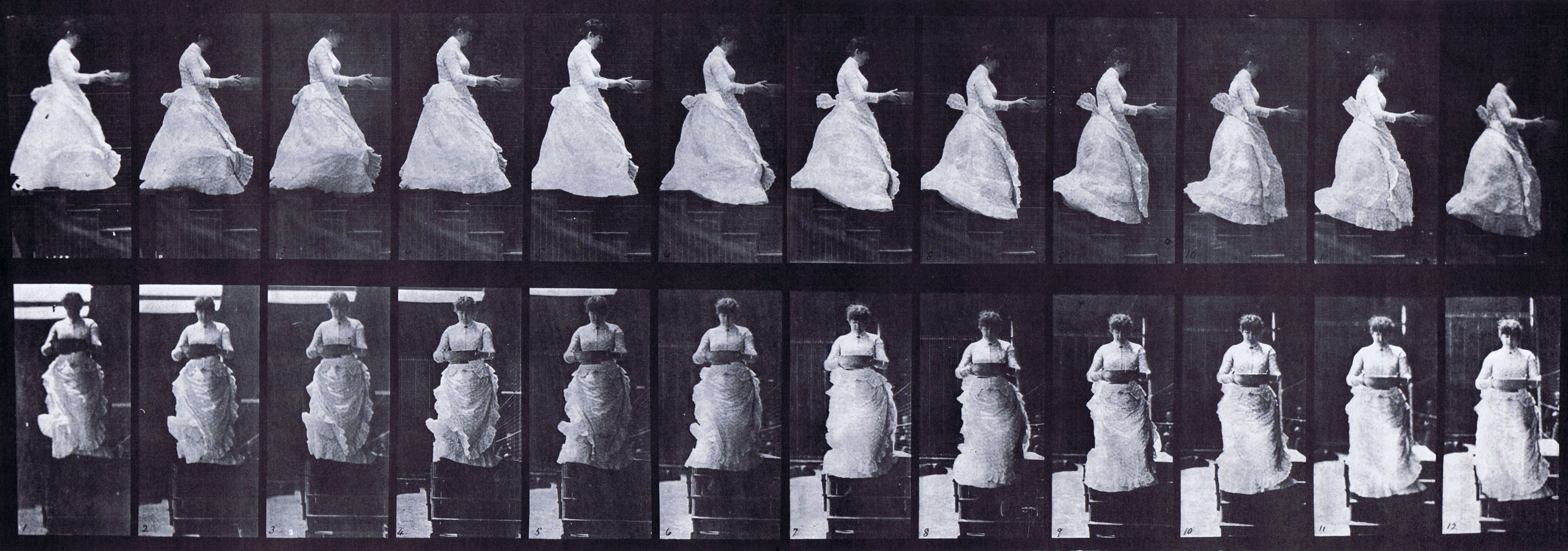 large profile and front views of clothed female descending stairs with basin in hands animation reference using muybridge plate 134 from animal locomotion