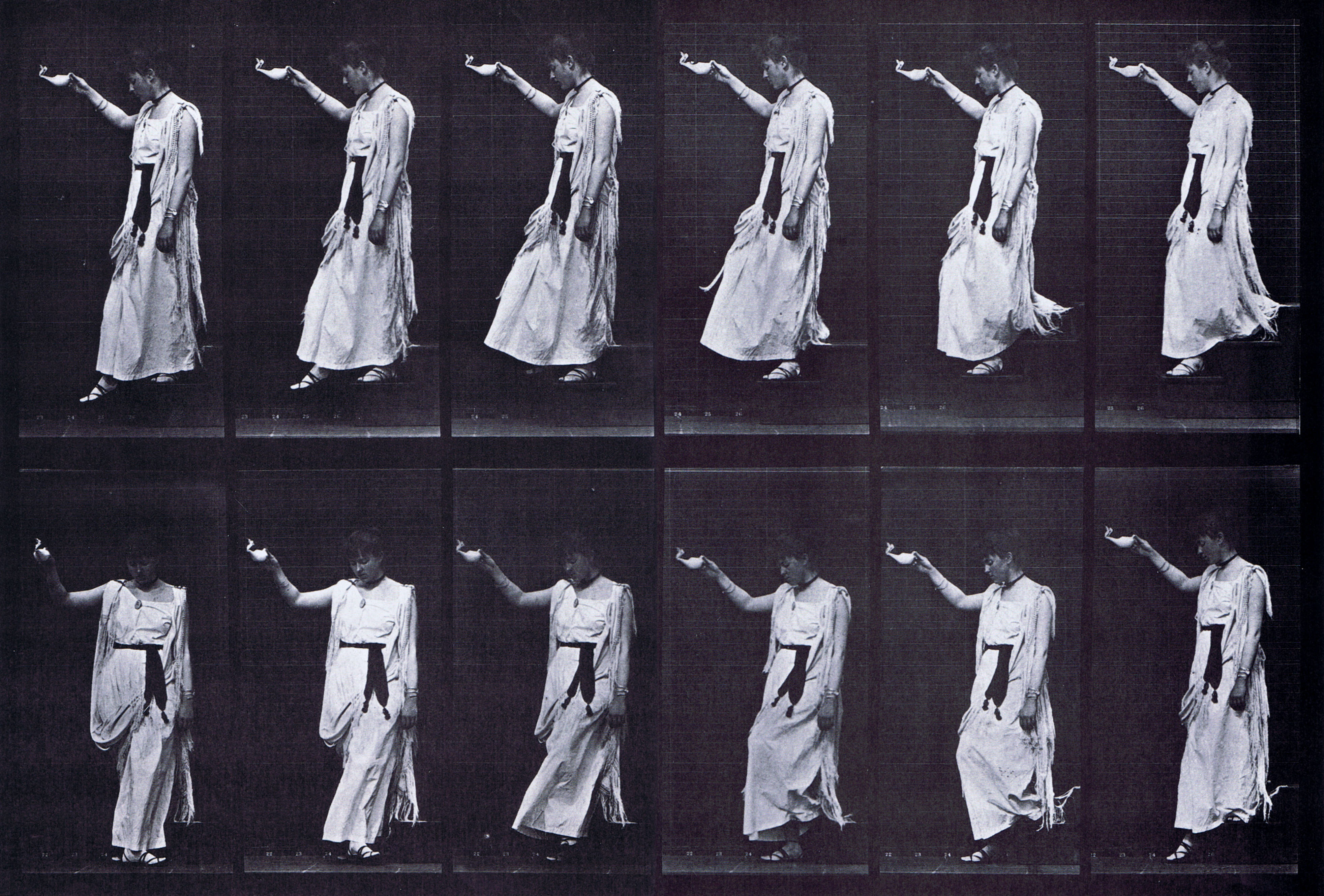 large profile view of clothed female in dress descending stairs turning carrying lamp in right hand animation referene using muybridge plate 135 from animal locomotion